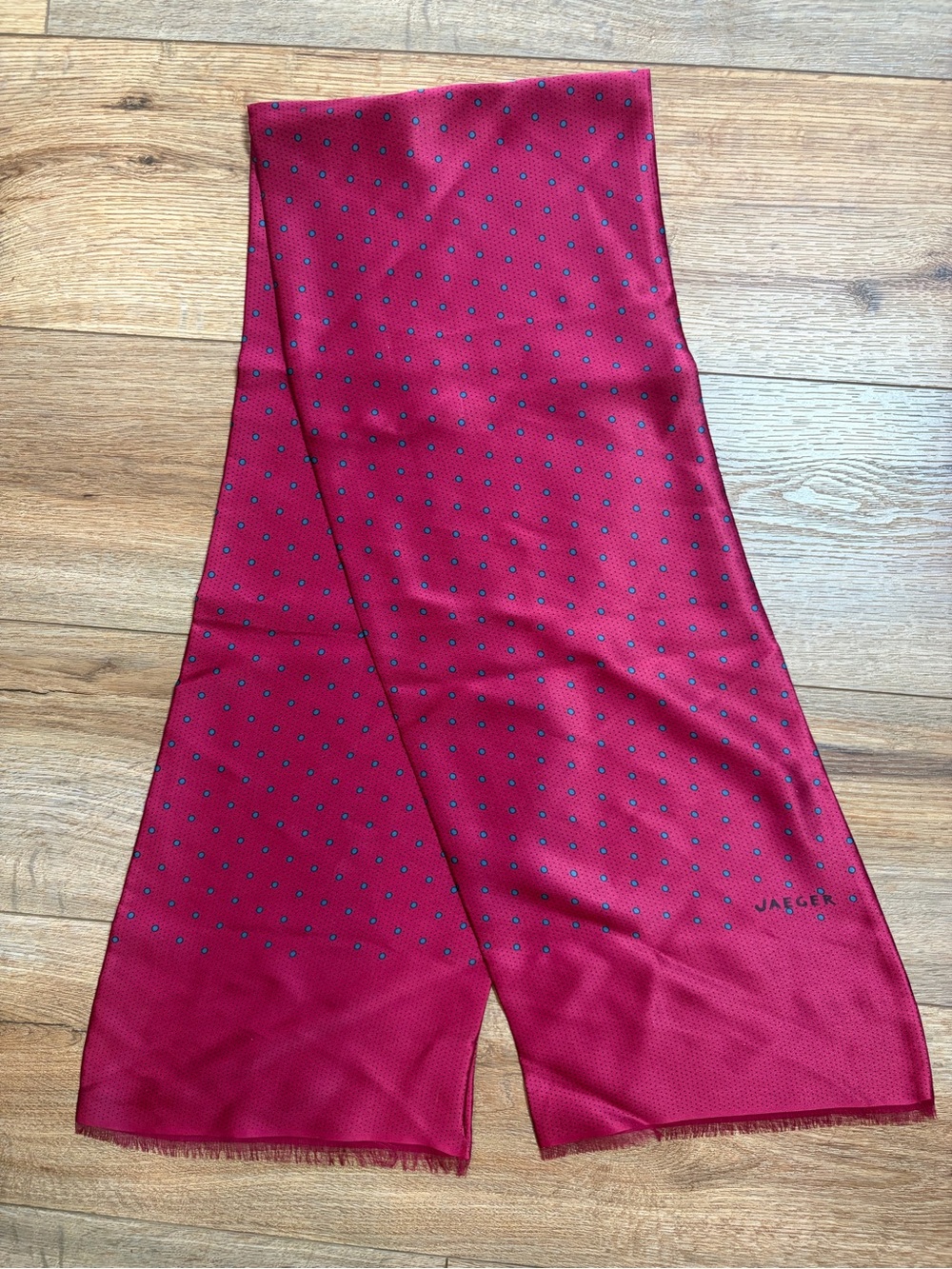 Vintage JAEGER Pure Silk Scarf Burgundy Magenta Polka Dot Long Dress Muffler
